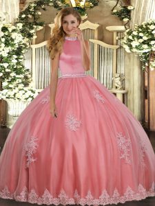 Coral Red Ball Gowns Beading and Appliques Sweet 16 Dresses Backless Tulle Sleeveless Floor Length
