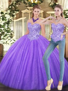 Eggplant Purple Sleeveless Floor Length Appliques Zipper 15 Quinceanera Dress