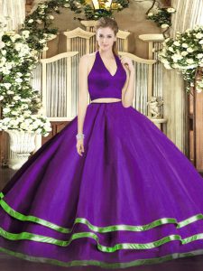 New Arrival Tulle Halter Top Sleeveless Zipper Ruffled Layers Sweet 16 Dress in Purple
