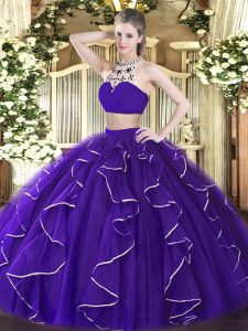 Floor Length Two Pieces Sleeveless Purple Ball Gown Prom Dress Backless
