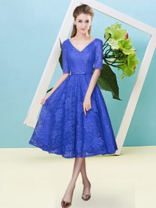 Tea Length Lace Up Quinceanera Court Dresses Royal Blue for Prom and Party and Wedding Party with Bowknot