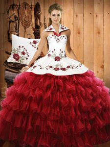 Vintage Embroidery and Ruffled Layers Quinceanera Gowns Wine Red Lace Up Sleeveless Floor Length