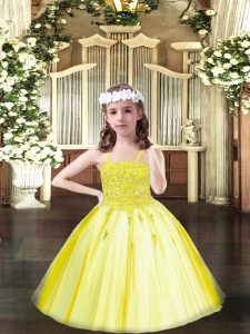 Yellow Little Girls Pageant Dress Wholesale Party and Quinceanera with Beading Spaghetti Straps Sleeveless Lace Up