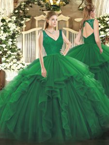 Super Dark Green Organza Zipper V-neck Sleeveless Floor Length Sweet 16 Quinceanera Dress Beading and Ruffles