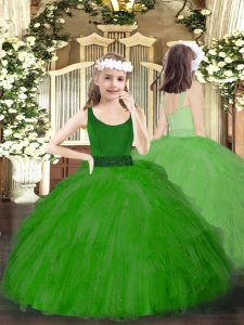 Green Zipper Custom Made Pageant Dress Beading and Ruffles Sleeveless Floor Length
