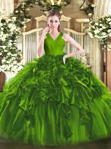 Dazzling V-neck Sleeveless Quinceanera Dress Floor Length Ruffles Olive Green Organza