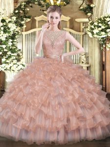 Stunning Scoop Sleeveless Sweet 16 Dresses Floor Length Beading and Ruffled Layers Champagne Tulle
