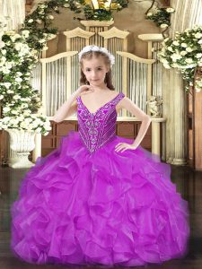 V-neck Sleeveless Organza Pageant Gowns Beading and Ruffles Lace Up