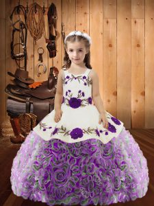 Inexpensive Multi-color Ball Gowns Straps Sleeveless Fabric With Rolling Flowers Floor Length Lace Up Embroidery and Ruffles Kids Formal Wear