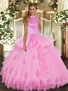 Romantic Rose Pink Tulle Backless Halter Top Sleeveless Floor Length Sweet 16 Quinceanera Dress Beading and Ruffles
