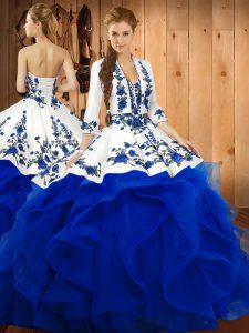 Sweetheart Sleeveless Quince Ball Gowns Floor Length Embroidery and Ruffles Blue Satin and Organza