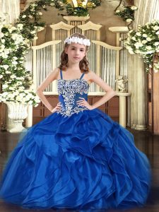 Sleeveless Floor Length Appliques and Ruffles Lace Up Girls Pageant Dresses with Blue
