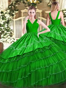 Suitable Floor Length Green Quinceanera Dress V-neck Sleeveless Zipper
