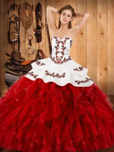 Vintage Sleeveless Floor Length Embroidery and Ruffles Lace Up Quinceanera Dress with Wine Red