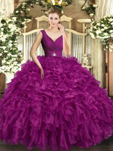 Hot Sale Ball Gowns Quinceanera Gowns Fuchsia V-neck Organza Sleeveless Floor Length Backless
