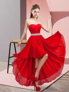 Super High Low Red Wedding Party Dress Chiffon Sleeveless Beading