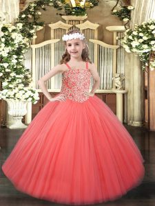 Coral Red Tulle Lace Up Straps Sleeveless Floor Length Little Girls Pageant Gowns Beading
