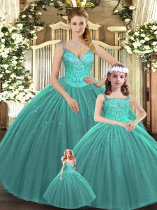 Flirting Turquoise Tulle Lace Up Quinceanera Dresses Sleeveless Floor Length Beading