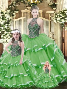 Fabulous Floor Length Green Quinceanera Gown Halter Top Sleeveless Lace Up
