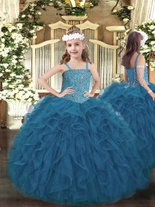 Sleeveless Lace Up Floor Length Beading and Ruffles Child Pageant Dress