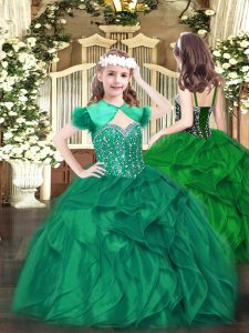 Dark Green Kids Formal Wear Party and Quinceanera with Beading and Ruffles Straps Sleeveless Lace Up