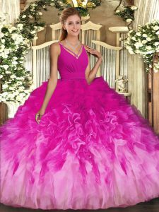 Sleeveless Floor Length Beading and Ruffles Backless Quinceanera Dress with Multi-color