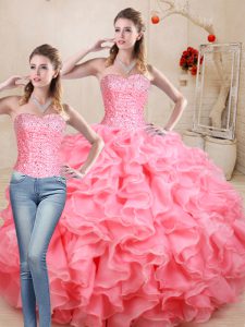 Sleeveless Floor Length Beading and Ruffles Lace Up 15th Birthday Dress with Watermelon Red