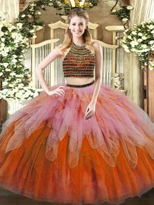 Multi-color Quinceanera Dress Military Ball and Sweet 16 and Quinceanera with Beading and Ruffles Halter Top Sleeveless Lace Up