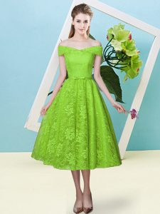 Yellow Green Lace Lace Up Wedding Guest Dresses Cap Sleeves Tea Length Bowknot