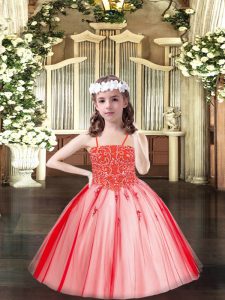Coral Red Sleeveless Beading Floor Length Little Girls Pageant Dress