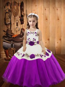 Fancy Straps Sleeveless Kids Pageant Dress Floor Length Embroidery Purple Organza