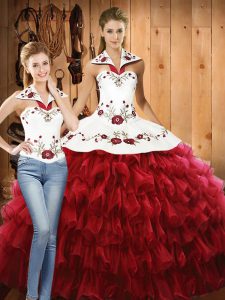 Red Organza Lace Up Ball Gown Prom Dress Sleeveless Floor Length Embroidery and Ruffled Layers