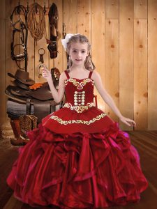 Red Ball Gowns Straps Sleeveless Organza Lace Up Embroidery and Ruffles Little Girls Pageant Gowns