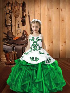 Trendy Green Ball Gowns Straps Sleeveless Organza Floor Length Lace Up Embroidery and Ruffles Little Girl Pageant Gowns