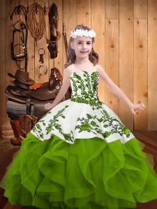 Attractive Organza Straps Sleeveless Lace Up Embroidery and Ruffles Little Girls Pageant Dress in Olive Green