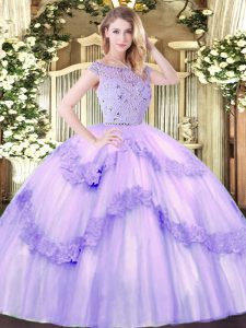 Shining Lavender Sweet 16 Quinceanera Dress Military Ball and Sweet 16 and Quinceanera with Beading and Appliques Bateau Sleeveless Zipper