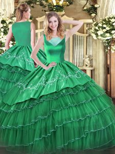 Eye-catching Sleeveless Organza Floor Length Side Zipper Quinceanera Dress in Turquoise with Beading and Embroidery and Ruffled Layers