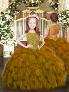 Brown Organza Zipper Pageant Dress for Girls Sleeveless Floor Length Beading and Ruffles