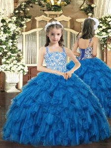 Blue Organza Lace Up Straps Sleeveless Floor Length Child Pageant Dress Beading and Ruffles