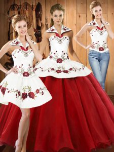 Embroidery Quinceanera Dresses Wine Red Lace Up Sleeveless Floor Length