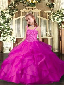 Graceful Sleeveless Floor Length Ruffles Lace Up Girls Pageant Dresses with Fuchsia
