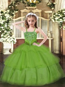 Green Straps Lace Up Beading and Ruffled Layers Little Girls Pageant Dress Sleeveless
