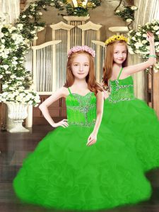 Floor Length Green High School Pageant Dress Organza Sleeveless Beading and Ruffles and Pick Ups