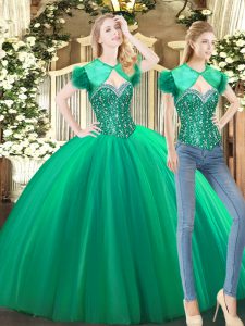 Luxury Green Tulle Lace Up Sweetheart Sleeveless Floor Length Sweet 16 Quinceanera Dress Beading