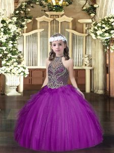 Floor Length Purple Little Girl Pageant Dress Halter Top Sleeveless Lace Up