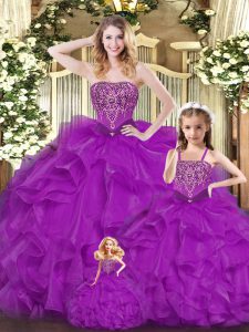 Most Popular Beading and Ruffles 15 Quinceanera Dress Purple Lace Up Sleeveless Floor Length