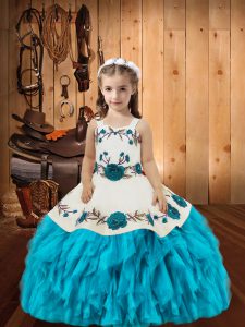 Lovely Baby Blue Organza Lace Up Pageant Gowns For Girls Sleeveless Floor Length Embroidery and Ruffles