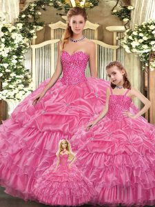 Rose Pink Organza Lace Up Sweetheart Sleeveless Floor Length Quinceanera Gowns Beading and Ruffled Layers