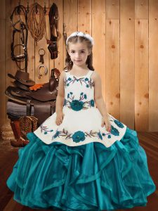 Teal Lace Up Little Girl Pageant Gowns Embroidery and Ruffles Sleeveless Floor Length