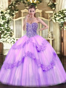 Flare Tulle Sweetheart Sleeveless Lace Up Beading and Appliques Vestidos de Quinceanera in Lavender